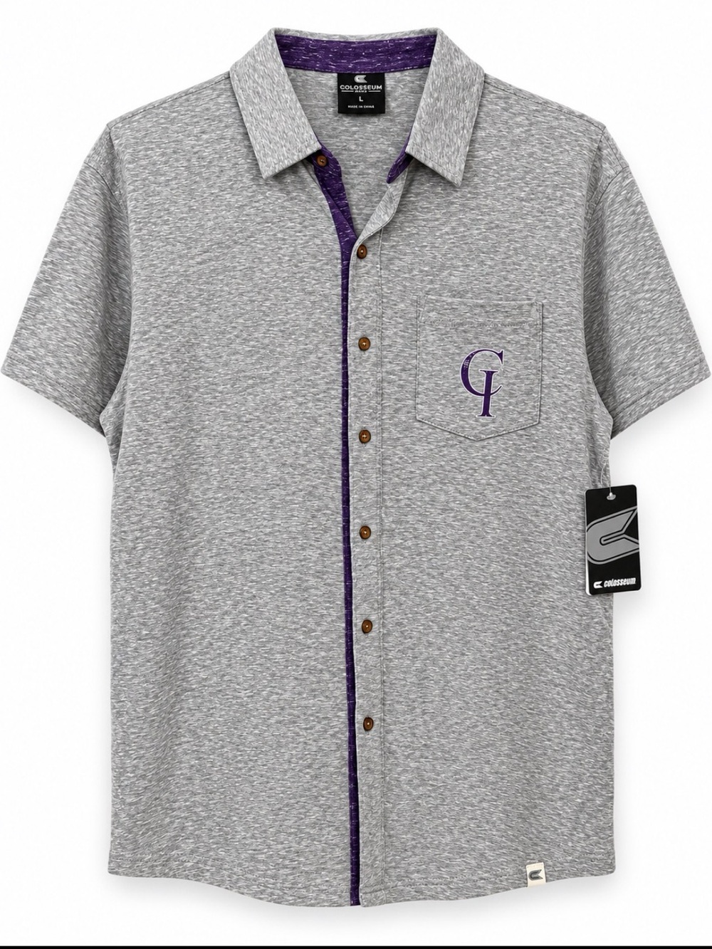 Colosseum Men’s Grey Short-Sleeve Polo Shirt with Purple Trim College of Idaho